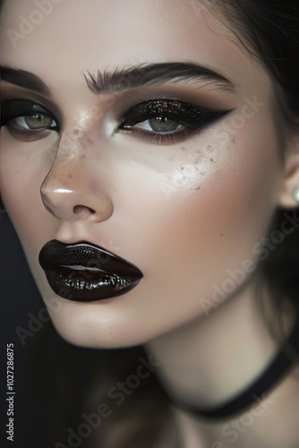 A night out-inspired glamour look, with smoky eyes, sleek hair, and glossy lips under soft evening lights photo