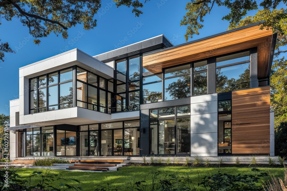 Fototapeta premium Modern mansion with large windows and wood accents, showcasing a neutral black and white exterior Urban luxury defined
