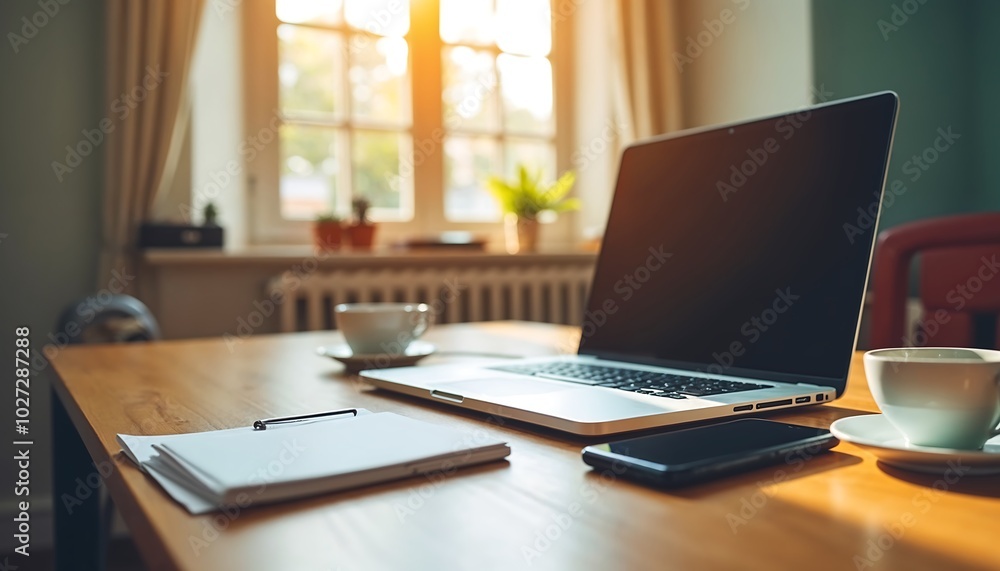 Home Office Setup: A laptop sits prominently on a wooden desk, accompanied by a notepad, a smartphone, and two cups of coffee. Home Office Setup: A laptop sits prominently on a wooden desk, accompanied by a notepad, a smartphone, and two cups of coffee.