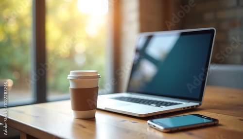 Wallpaper Mural Workspace with Laptop and Coffee: A modern workspace scene featuring a laptop, a coffee cup, and a smartphone resting on a wooden table, bathed in the soft light filtering through a window. Torontodigital.ca