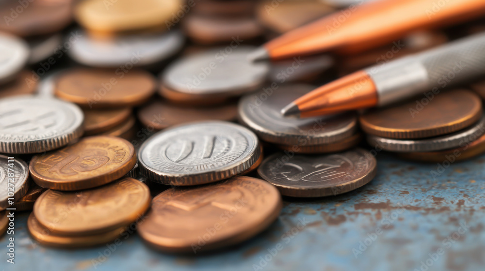 Coins and pens on a textured surface. Coins and pens on a textured surface.