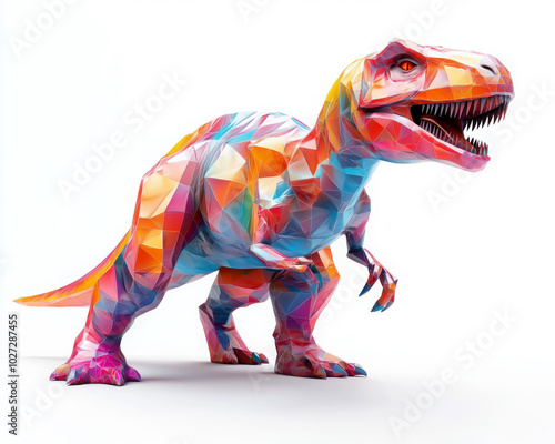 Colorful geometric dinosaur model on white isolated background.