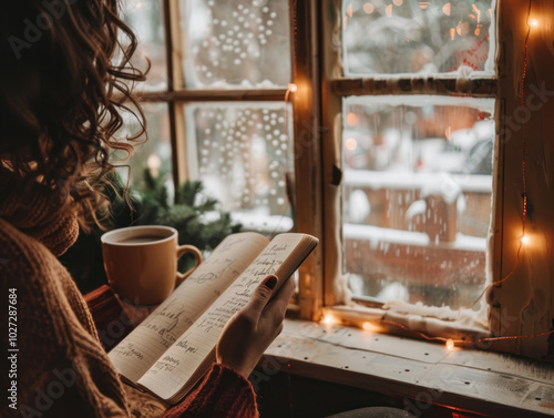 A peaceful scene of someone reflecting on their New Year resolutions by a window, with a cup of coffee and a notebook photo