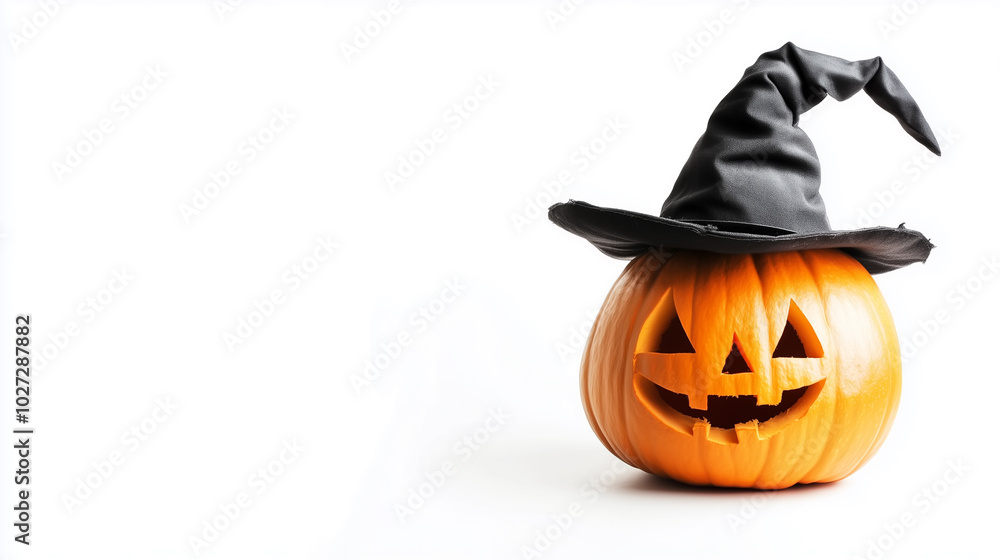 Halloween pumpkin head with a witch hat on an isolated white background, with space for copy Halloween pumpkin head with a witch hat on an isolated white background, with space for copy