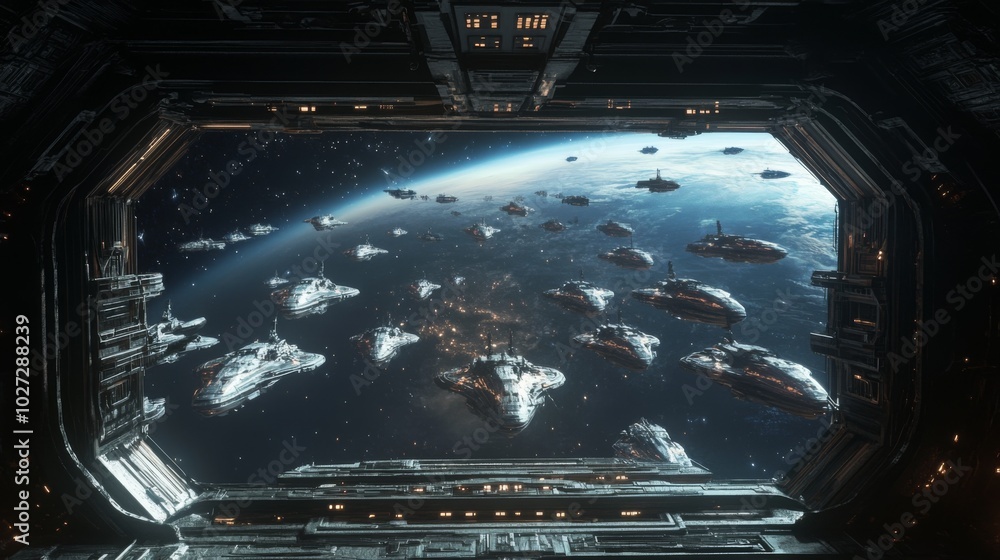 View from spaceship window showing a fleet of spaceships orbiting a planet. View from spaceship window showing a fleet of spaceships orbiting a planet.