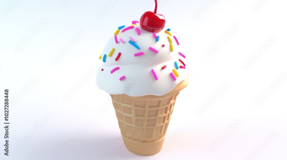 A Single Scoop of Vanilla Ice Cream in a Waffle Cone with Sprinkles and a Cherry on Top A Single Scoop of Vanilla Ice Cream in a Waffle Cone with Sprinkles and a Cherry on Top