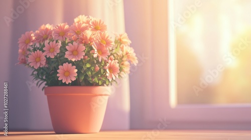 Pink Daisies in a Clay Pot on a Windowsill