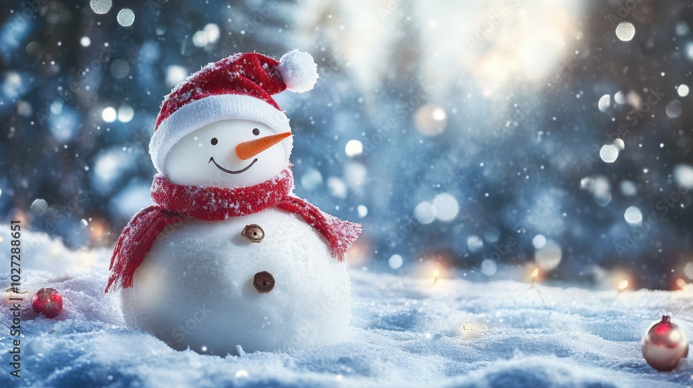 Festive snowman adorned with a red scarf and hat in a snowy, magical winter scene. Festive snowman adorned with a red scarf and hat in a snowy, magical winter scene.
