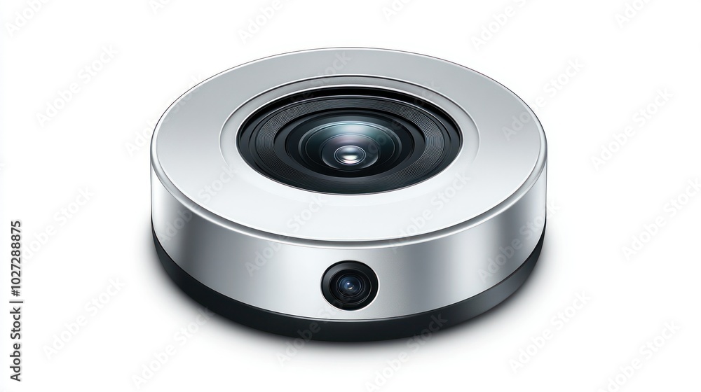 A Silver Webcam with a Black Lens and a Circular Base A Silver Webcam with a Black Lens and a Circular Base