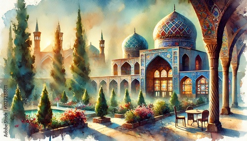 A watercolor painting of Shiraz, showcasing the Nasir al-Mulk Mosque, lush gardens, and serene pathways under warm sunlight. photo