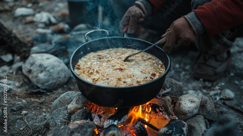 Outdoor Campfire Cooking: Warm and Comforting Meal on a Chilly Day Outdoor Campfire Cooking: Warm and Comforting Meal on a Chilly Day