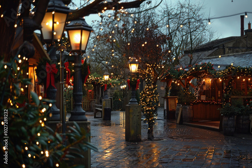 A quaint village square with vintage lanterns and Christmas lights wrapped around lampposts, evoking a nostalgic holiday feel