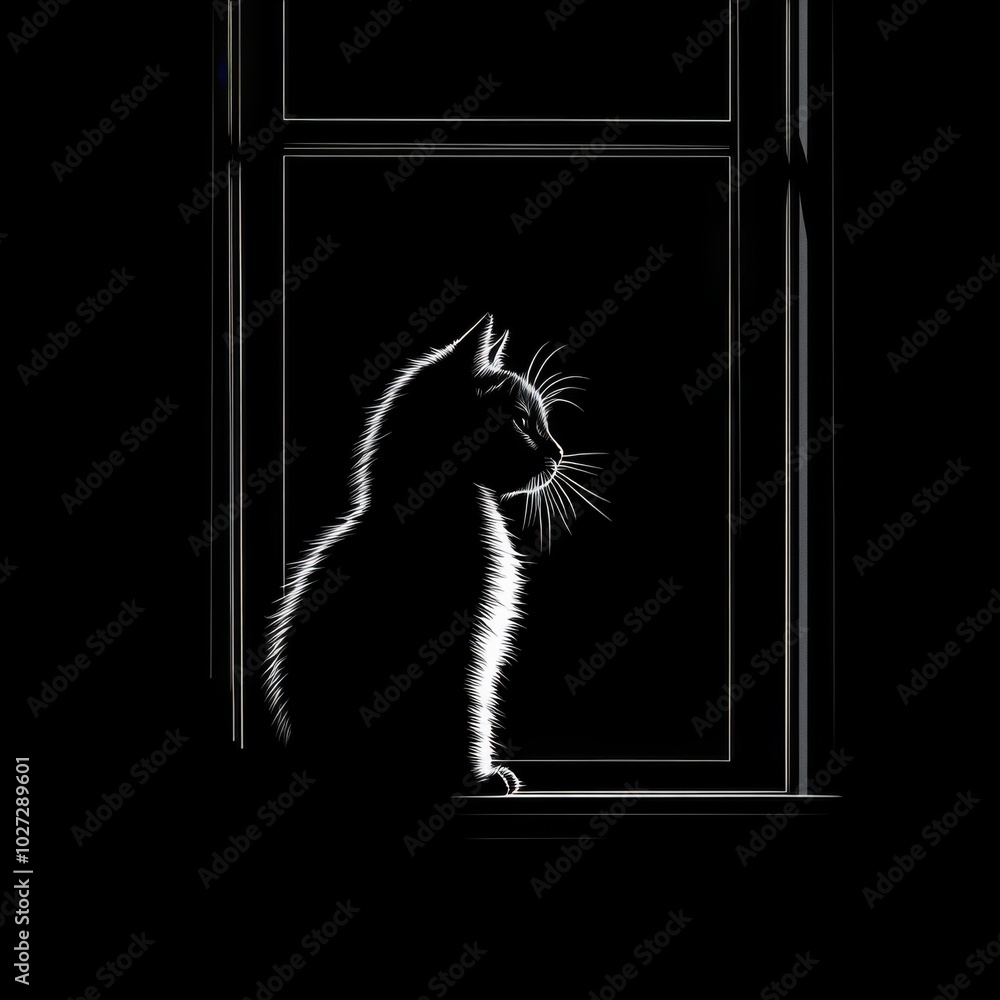 A black cat silhouette sits in a window, illuminated by the light outside. A black cat silhouette sits in a window, illuminated by the light outside.