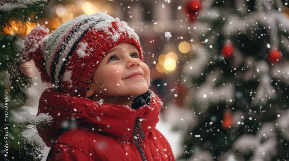 Joyful child in a red coat marvels at snowfall by a decorated Christmas tree, capturing the holiday spirit. Joyful child in a red coat marvels at snowfall by a decorated Christmas tree, capturing the holiday spirit.