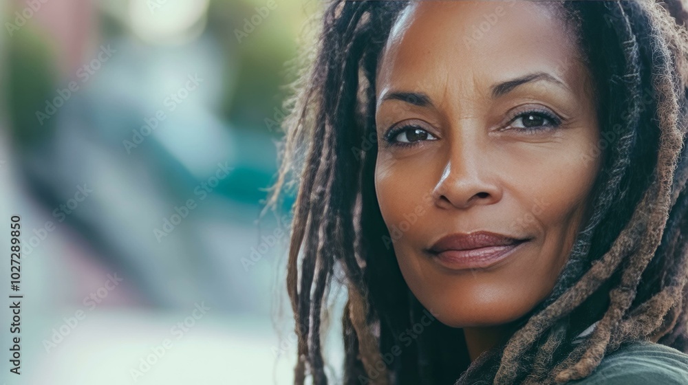 Portrait of a Confident Woman with Dreadlocks in an Urban Setting Portrait of a Confident Woman with Dreadlocks in an Urban Setting