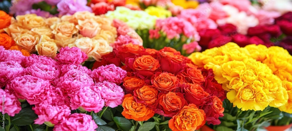 A vibrant display of assorted roses in various colors at a floral market in spring A vibrant display of assorted roses in various colors at a floral market in spring