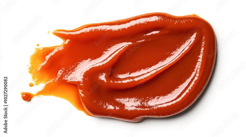Close-up of red tomato ketchup or sauce spread on white background with glossy texture Close-up of red tomato ketchup or sauce spread on white background with glossy texture