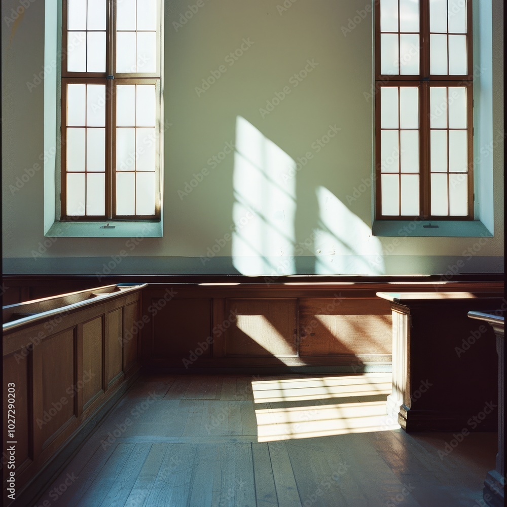 Fototapeta premium Sunlight streams through tall windows into a bare, wooden-floored room, creating geometric patterns and a serene, contemplative atmosphere.