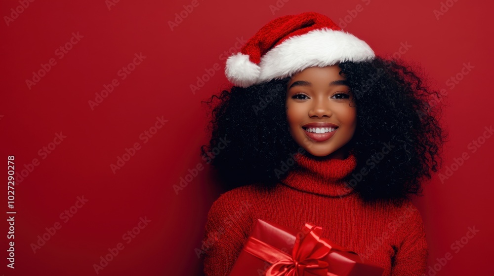 Cheerful young woman wearing a Santa hat holds a gift against a festive red background during the holiday season Cheerful young woman wearing a Santa hat holds a gift against a festive red background during the holiday season