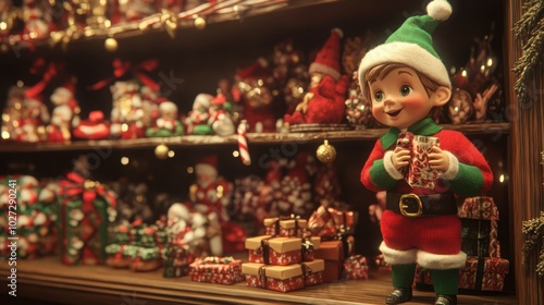Festive holiday elf holding a gift amidst a vibrant Christmas display of ornaments and wrapped presents.