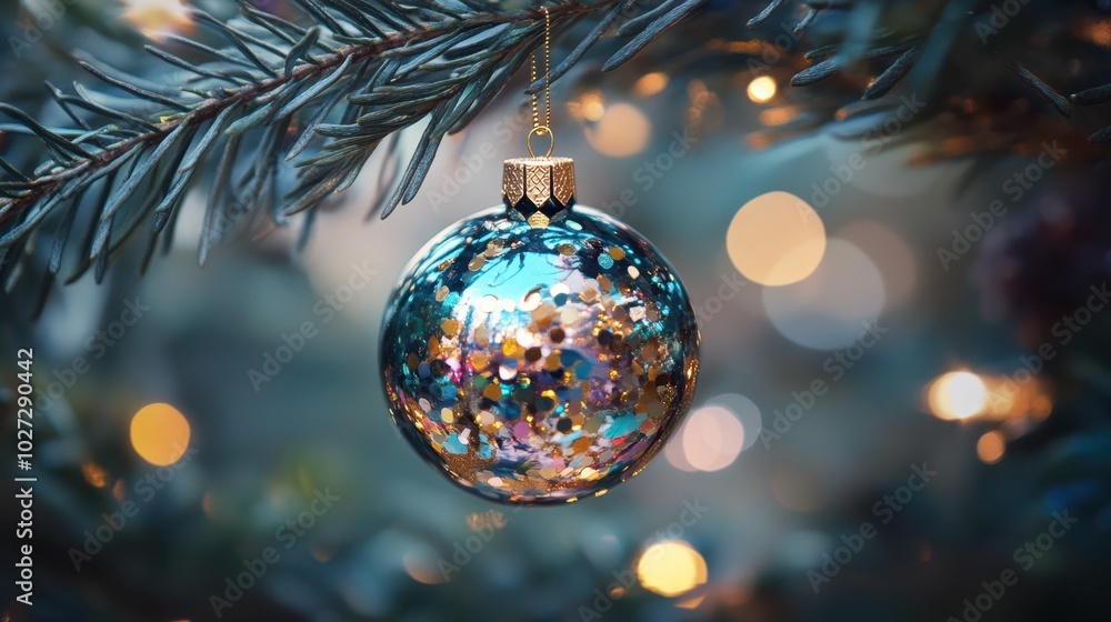 Close-up of a shimmering Christmas ornament hanging on a pine tree branch, surrounded by festive bokeh lights. Close-up of a shimmering Christmas ornament hanging on a pine tree branch, surrounded by festive bokeh lights.