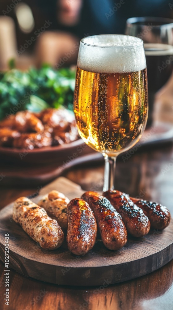 Delicious grilled sausages served with beer on a wooden platter in a cozy pub setting during the evening Delicious grilled sausages served with beer on a wooden platter in a cozy pub setting during the evening