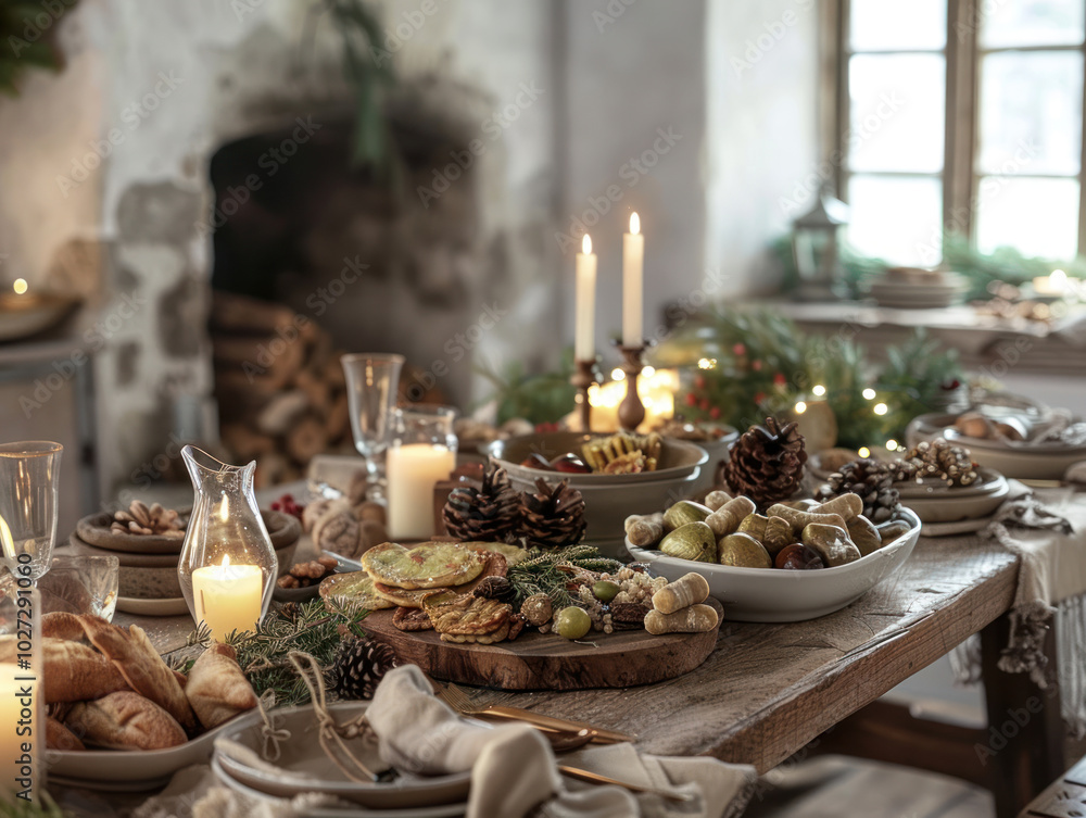 Fototapeta premium A rustic Christmas dinner with hearty dishes, wooden tables, and natural decorations, evoking a warm, countryside holiday feel