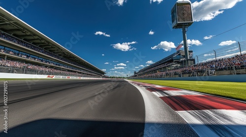 A state-of-the-art racetrack with sleek asphalt curves, surrounded by grandstands filled with cheering fans, and a clear sky overhead on race day. photo