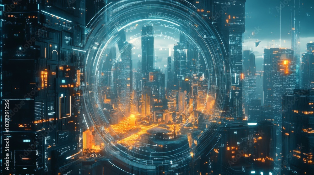 A futuristic cityscape seen through a glowing portal. A futuristic cityscape seen through a glowing portal.
