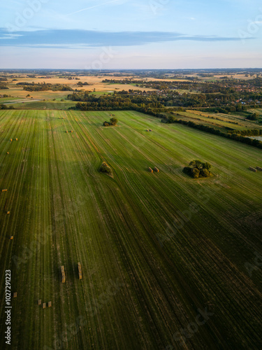 View over a field during sunset