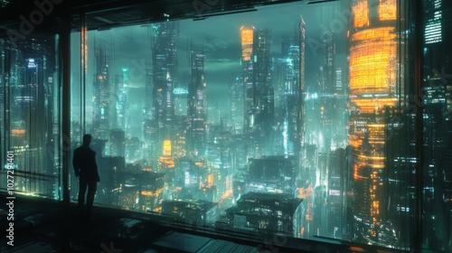 A lone figure stands in a futuristic cityscape, gazing out at the vibrant lights and towering structures.