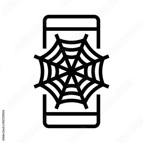 Vector illustration of a smartphone with a spider web, symbolizing internet issues, outdated technology, or security risks. Editable stroke.