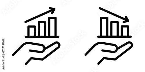 Vector illustration of a hand holding graphs showing both rising and falling trends, perfect for business and finance concepts. Editable stroke.