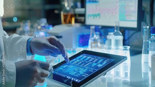 Scientist analyzing data on digital tablet in laboratory setting with technology interface