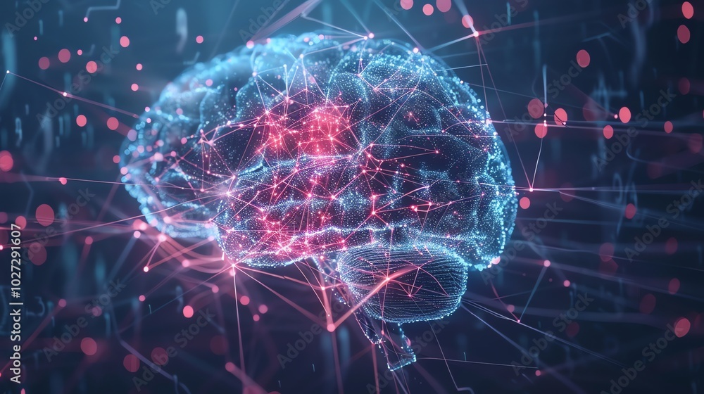 A digital representation of a human brain with glowing lines. A digital representation of a human brain with glowing lines.