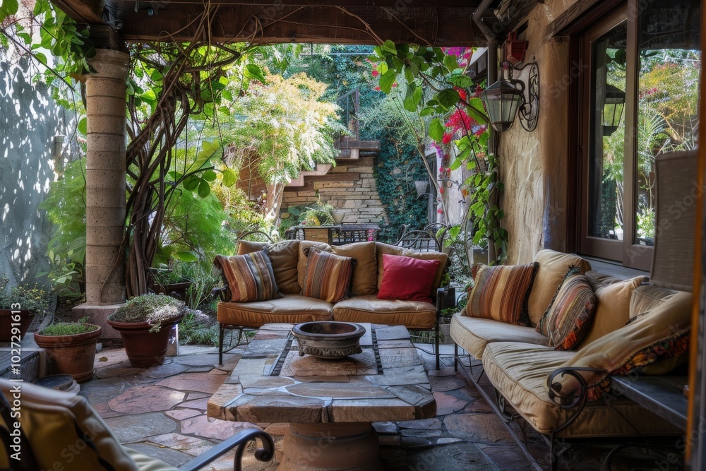 A patio with a stone floor and a grill, generative ai image A patio with a stone floor and a grill, generative ai image