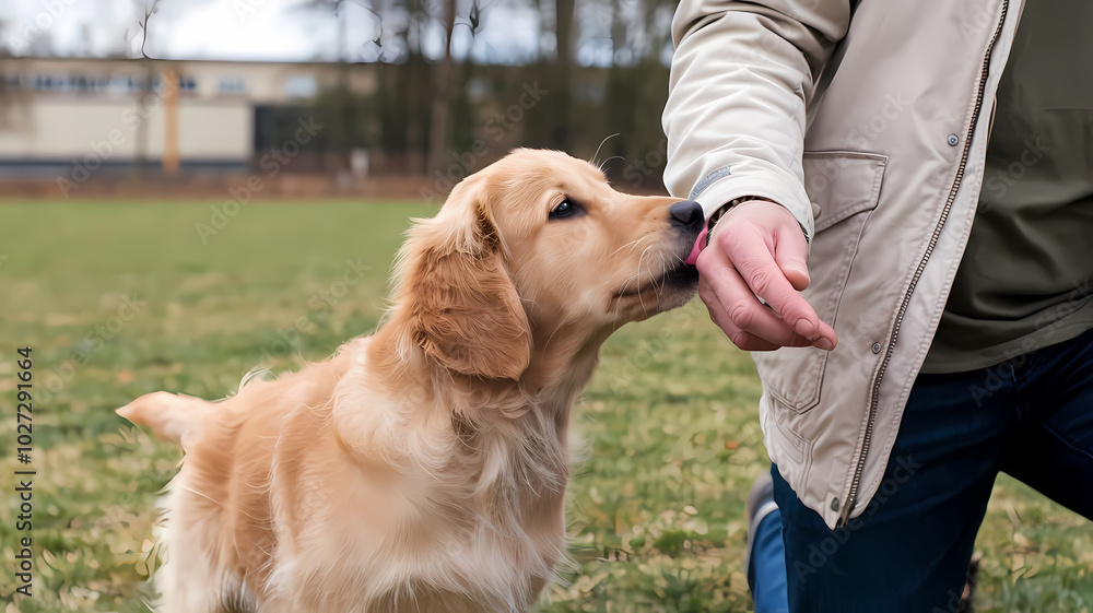 Golden retriever gently sniffing a person's hand in a grassy outdoor setting, showcasing a bond between dog and owner.