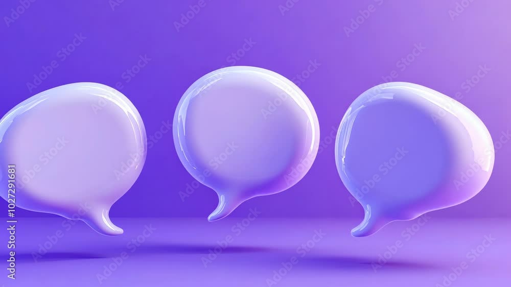 Three white speech bubbles float against a purple background Three white speech bubbles float against a purple background