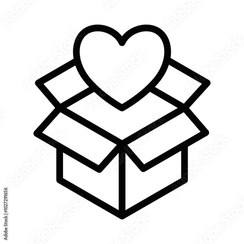 Simple line icon of an open gift box with a heart symbol, representing love, care, and giving. Perfect for holidays or special occasions. Editable stroke.
