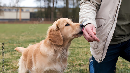 Obraz na płótnie Golden retriever gently sniffing a person's hand in a grassy outdoor setting, showcasing a bond between dog and owner. w salonie