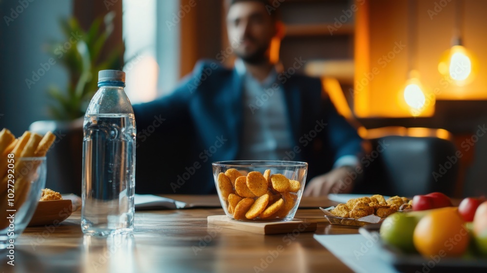 A table set for a business meeting with bowls of snacks, fresh fruits, and a bottle of water in focus, while a businessman sits in the background, creating a productive yet relaxed atmosphere A table set for a business meeting with bowls of snacks, fresh fruits, and a bottle of water in focus, while a businessman sits in the background, creating a productive yet relaxed atmosphere