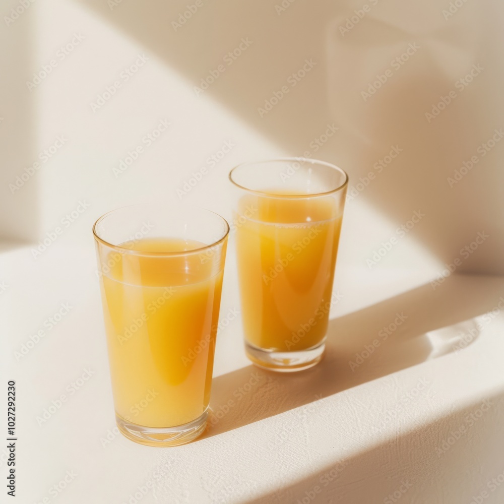 Two glasses of fresh orange juice bathed in sunlight, embodying a refreshing and bright start to the day. Two glasses of fresh orange juice bathed in sunlight, embodying a refreshing and bright start to the day.
