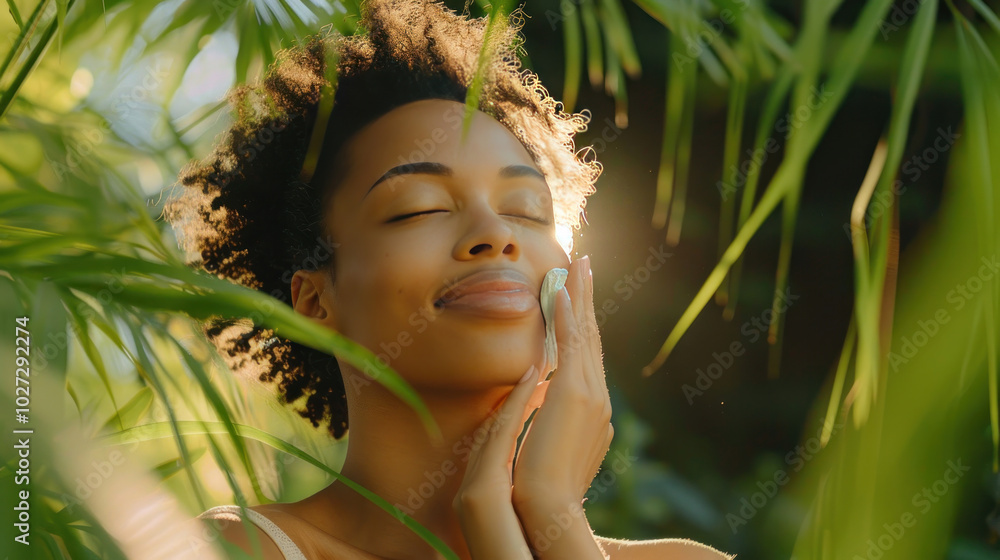 A serene outdoor scene with a woman applying organic skincare, surrounded by natural greenery A serene outdoor scene with a woman applying organic skincare, surrounded by natural greenery