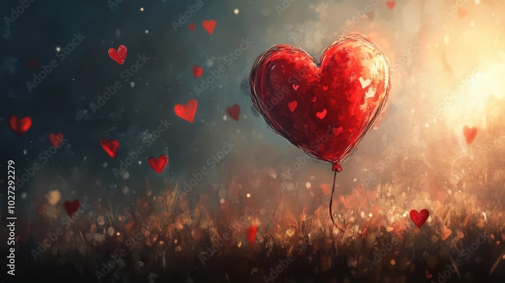 A vibrant red heart-shaped balloon floats in a dreamy, illuminated atmosphere with scattered smaller hearts. A vibrant red heart-shaped balloon floats in a dreamy, illuminated atmosphere with scattered smaller hearts.