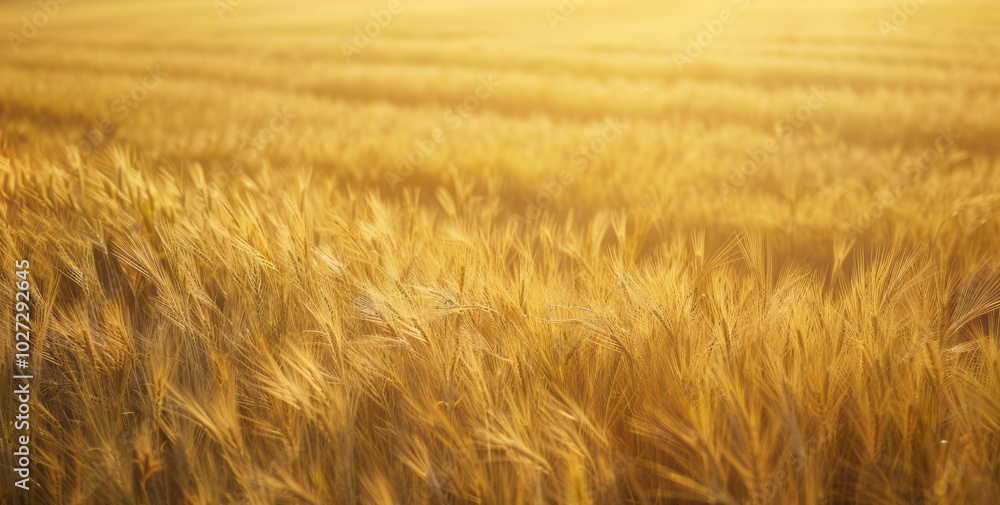 Obraz premium Golden wheat field. Ripe wheat field in golden hour. Represents harvest, abundance, and prosperity.