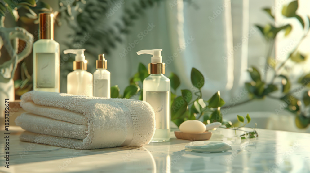A serene spa scene with calming tones, luxurious skincare bottles, and a soft towel neatly rolled beside them A serene spa scene with calming tones, luxurious skincare bottles, and a soft towel neatly rolled beside them