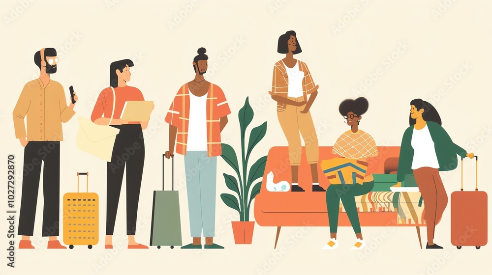 A group of diverse travelers standing and sitting at an airport or train station. A group of diverse travelers standing and sitting at an airport or train station.