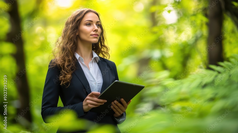 businesswoman in a suit using a tablet outdoors, surrounded by vibrant green nature, representing the balance between technology and the natural environment businesswoman in a suit using a tablet outdoors, surrounded by vibrant green nature, representing the balance between technology and the natural environment
