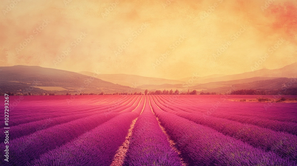 Naklejka premium Sunset casting long shadows over lavender field
