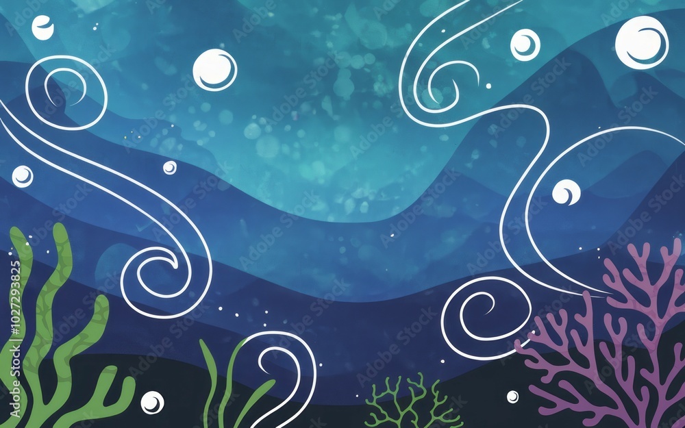 Underwater swirls. Abstract ocean background featuring seaweed, coral and bubbles. Ideal for marine life themes and water design. Underwater swirls. Abstract ocean background featuring seaweed, coral and bubbles. Ideal for marine life themes and water design.